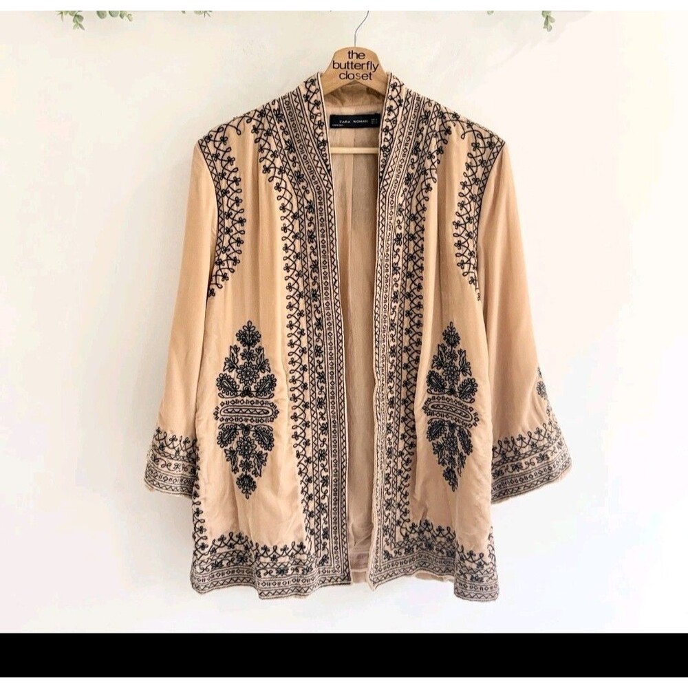 Zara Woman Embroidered Kimono Jacket Beige Black Boho Style Size XS Excellent